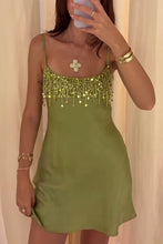 Load image into Gallery viewer, Stylish A Line Spaghetti Straps Green Satin Short Homecoming Dress with Tassels