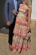 Load image into Gallery viewer, Stylish A Line Spaghetti Straps Pink Printed Long Prom Dress with Criss Cross Back