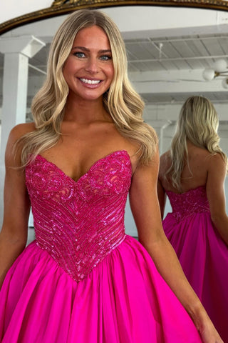Stylish A Line Sweetheart Fuchsia Long Prom Dress with Beading Split Front