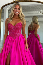 Load image into Gallery viewer, Stylish A Line Sweetheart Fuchsia Long Prom Dress with Beading Split Front
