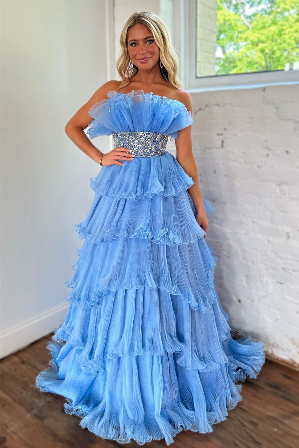 Luuvis Newly Blue A Line Strapless Long Tiered Prom Dress With Beaded Belt
