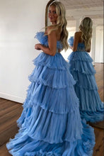 Load image into Gallery viewer, Newly Blue A Line Strapless Long Tiered Prom Dress With Beaded Belt