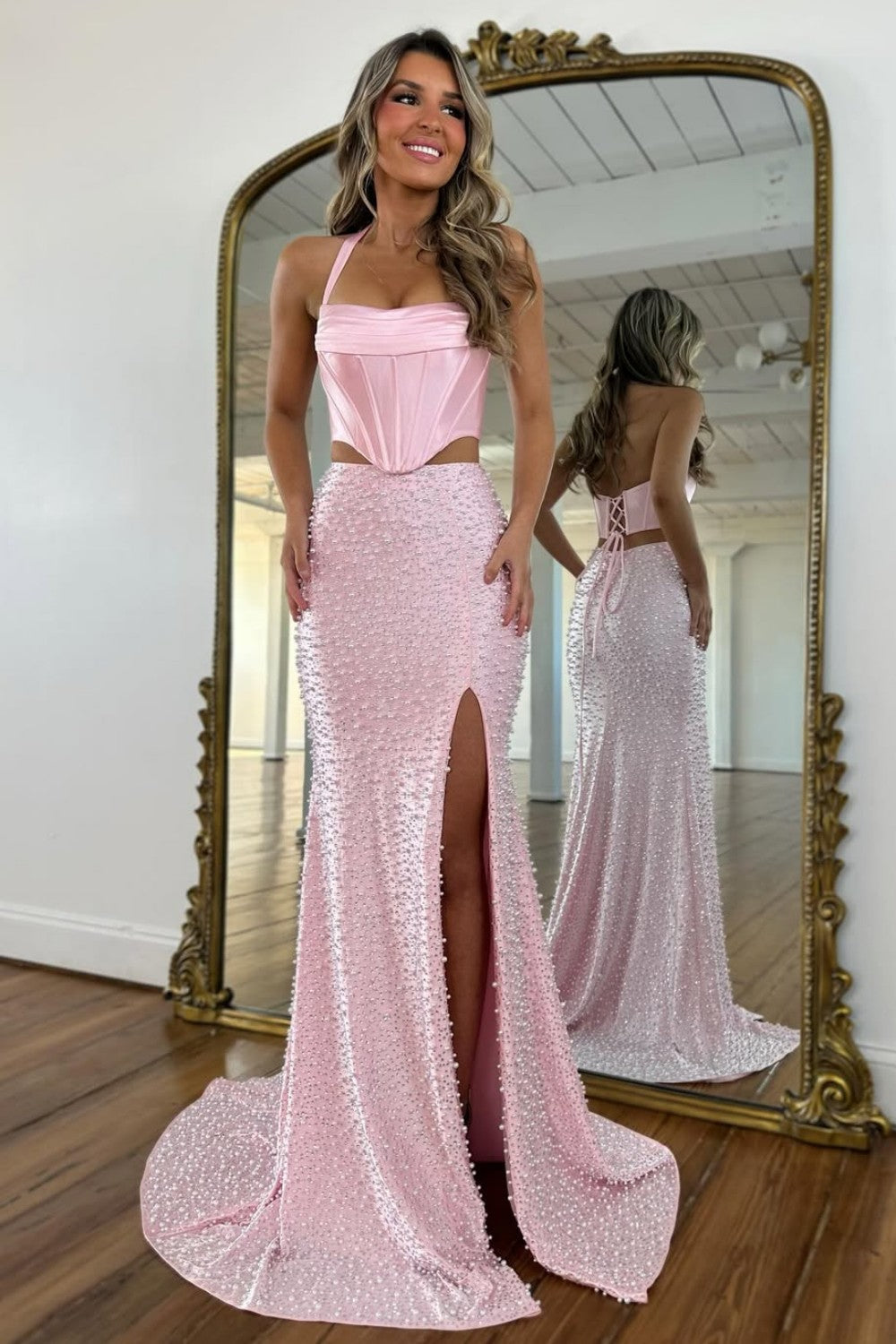 Stunning Two Piece Halter Neck Pink Corset Prom Dress with Pearls