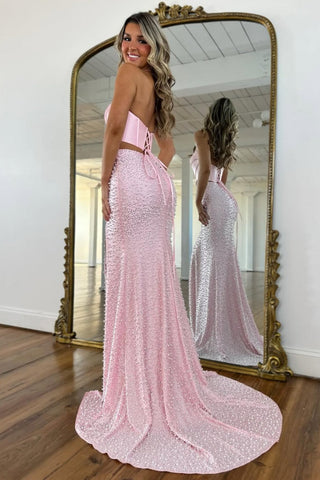 Stunning Two Piece Halter Neck Pink Corset Prom Dress with Pearls