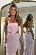 Load image into Gallery viewer, Stunning Two Piece Halter Neck Pink Corset Prom Dress with Pearls