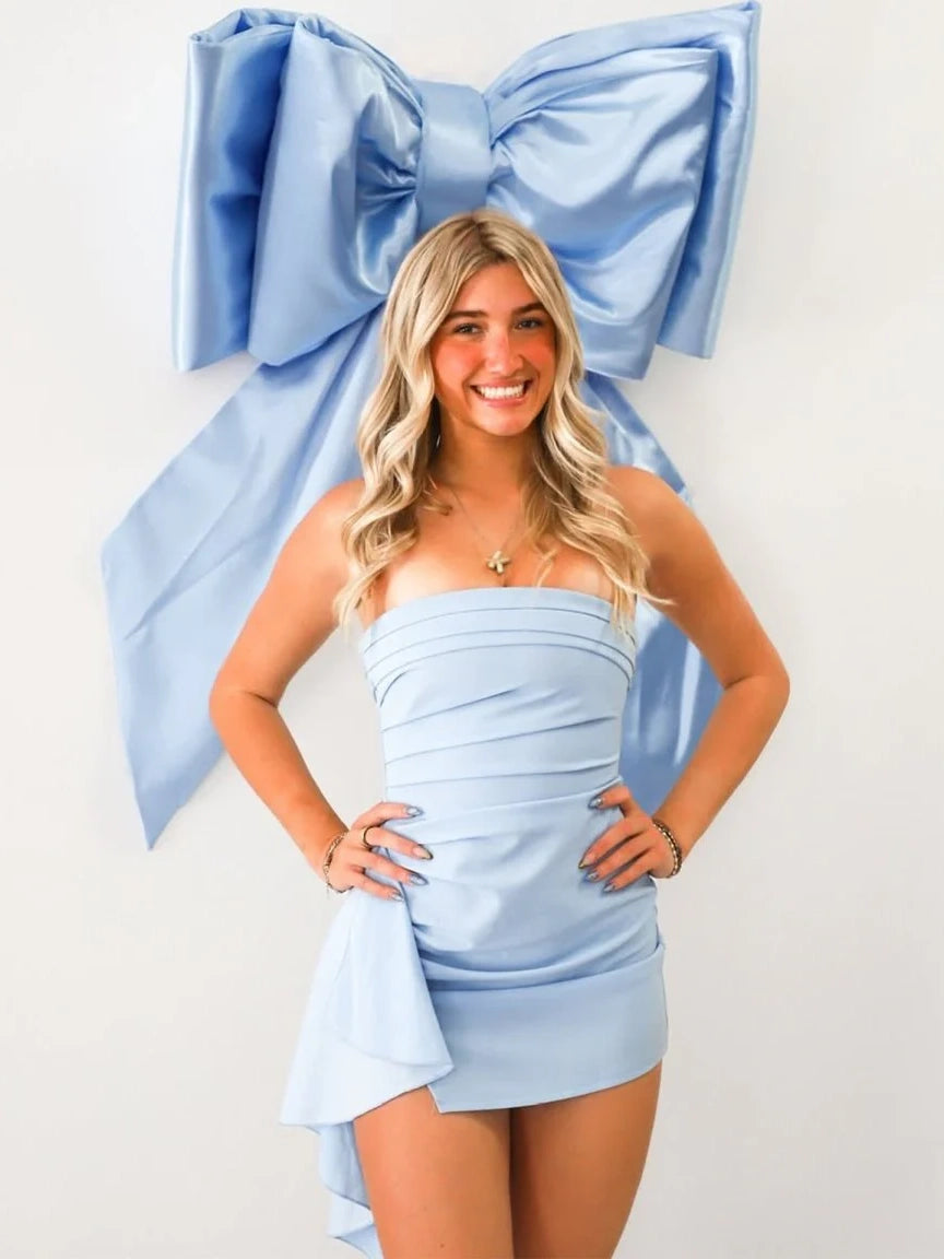 Luuvis Women Blue Satin Short Homecoming Dress Stylish Bodycon Strapless  Short Party Dress with Ruched