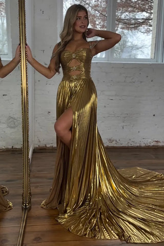 Stylish Gold A-Line Beaded Off The Shoulder Long Metallic Prom Dress With Slit