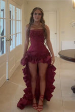 Load image into Gallery viewer, Stylish High Low  Strapless Burgundy Long Prom Dress with Tassel Ruffles
