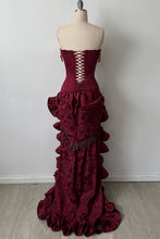 Load image into Gallery viewer, Stylish High Low  Strapless Burgundy Long Prom Dress with Tassel Ruffles
