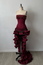 Load image into Gallery viewer, Stylish High Low  Strapless Burgundy Long Prom Dress with Tassel Ruffles
