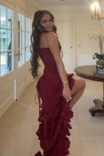 Load image into Gallery viewer, Stylish High Low  Strapless Burgundy Long Prom Dress with Tassel Ruffles
