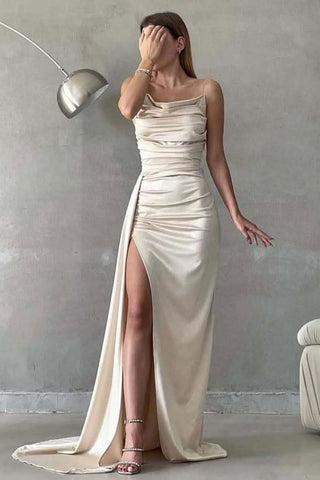 Stylish Mermaid Spaghetti Straps Long Pleated Satin Formal Dress with Slit