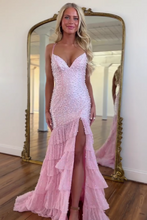 Load image into Gallery viewer, Stylish Mermaid Spaghetti Straps Pink Long Prom Dress with Pearls Split Front