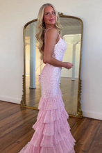 Load image into Gallery viewer, Stylish Mermaid Spaghetti Straps Pink Long Prom Dress with Pearls Split Front