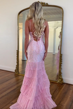 Load image into Gallery viewer, Stylish Mermaid Spaghetti Straps Pink Long Prom Dress with Pearls Split Front