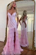 Load image into Gallery viewer, Stylish Mermaid Spaghetti Straps Pink Long Prom Dress with Pearls Split Front