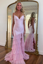 Load image into Gallery viewer, Stylish Mermaid Spaghetti Straps Pink Long Prom Dress with Pearls Split Front