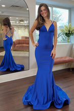 Load image into Gallery viewer, Stylish Mermaid Spaghetti Straps Royal Blue Long Prom Dress with Criss Cross Back