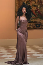 Load image into Gallery viewer, Stylish Mermaid Strapless Brown Long Party Dress with Ruched
