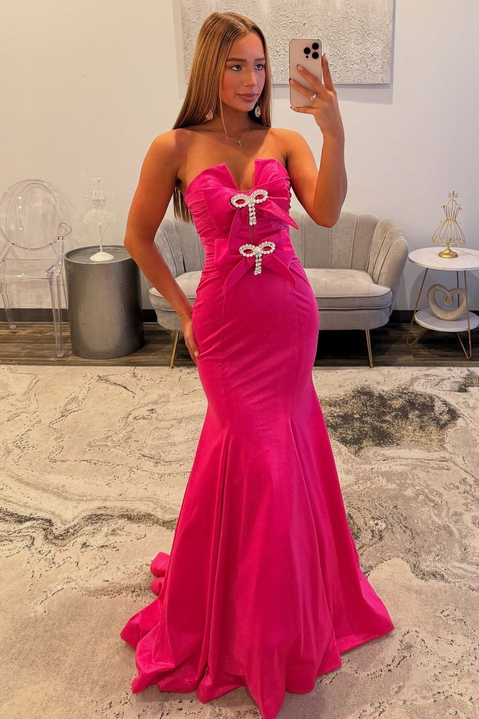 Stylish Mermaid Sweetheart Hot Pink Long Prom Dress with Bowknot