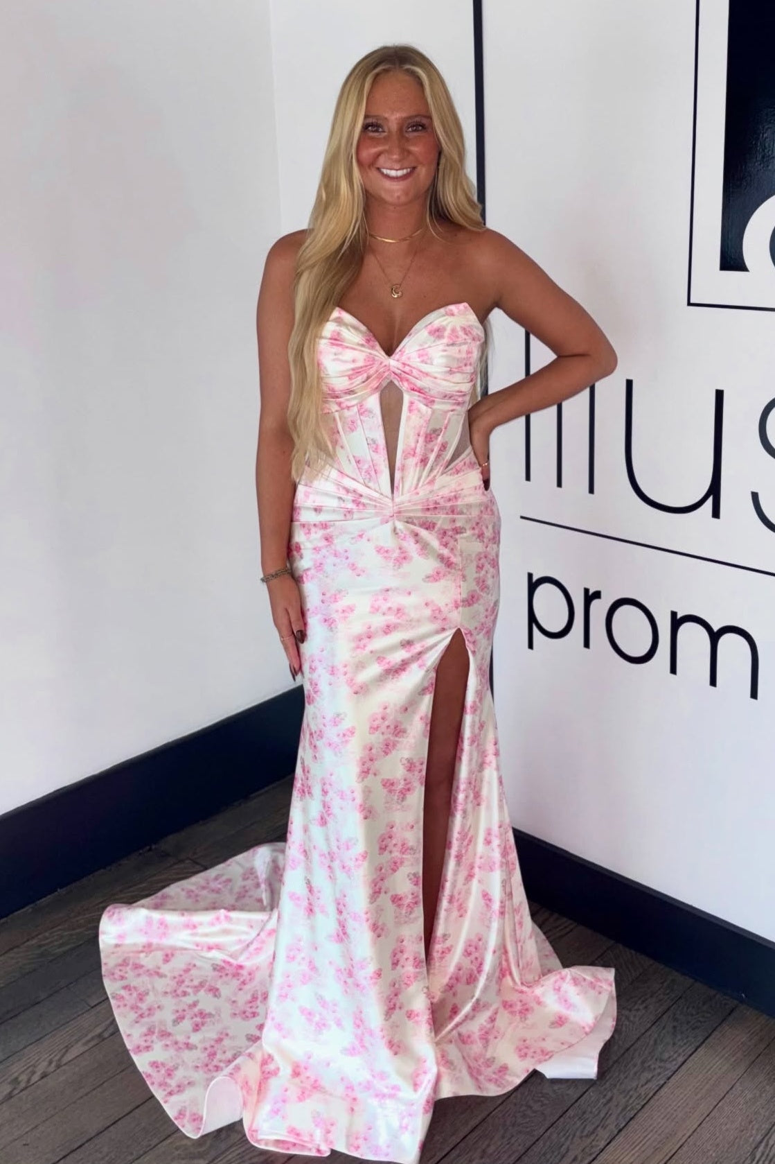 Stylish Mermaid Sweetheart Pink Floral Printed Long Prom Dress with Slit
