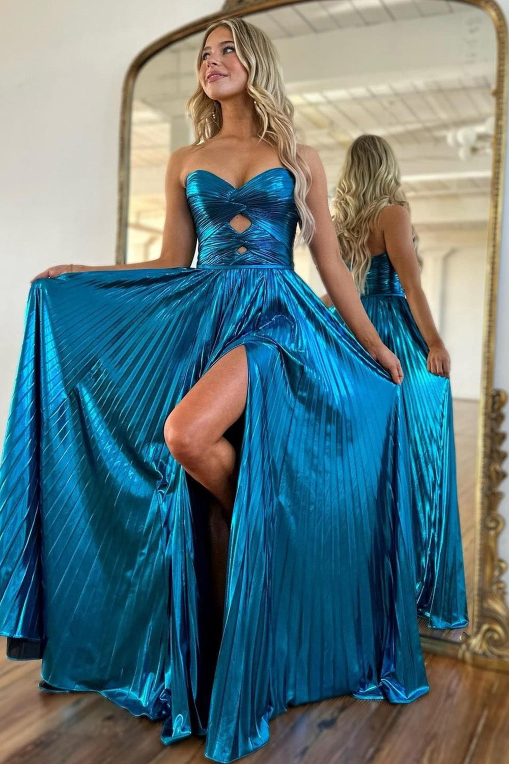 Luuvis Women Metallic A-Line Peacock Blue Sweetheart Sweep Train Prom Dress With Slit Luuvis Women Metallic A-Line Peacock Blue Sweetheart Sweep Train Prom Dress With Slit