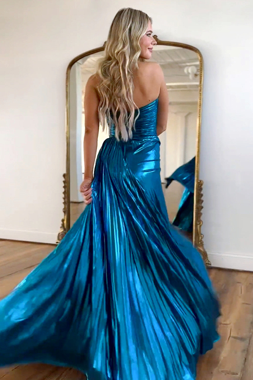 Luuvis Women Metallic A-Line Peacock Blue Sweetheart Sweep Train Prom Dress With Slit Luuvis Women Metallic A-Line Peacock Blue Sweetheart Sweep Train Prom Dress With Slit