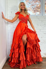 Load image into Gallery viewer, Satin Red A-Line Cutout Waist V-Neck Tiered Prom Dress With Split
