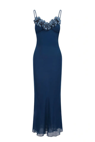Chic Sheath Spaghetti Straps Navy Blue Long Party Dress with Flowers