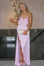 Load image into Gallery viewer, Stylish Sheath Spaghetti Straps Pink Satin Long Prom Dress with Split Front
