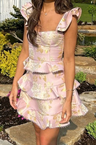 Stylish Sheath Square Neck Pink Printed Short Homecoming Dress with Ruffles