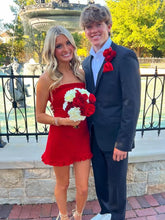 Load image into Gallery viewer, Stylish Sheath Strapless Red Satin Short Homecoming Dress with Ruffles
