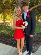 Load image into Gallery viewer, Stylish Sheath Strapless Red Satin Short Homecoming Dress with Ruffles
