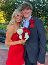 Load image into Gallery viewer, Stylish Sheath Strapless Red Satin Short Homecoming Dress with Ruffles
