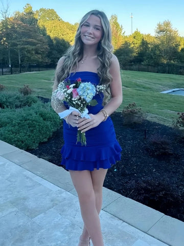 Stylish Sheath Strapless Royal Blue Short Homecoming Dress with Ruffles
