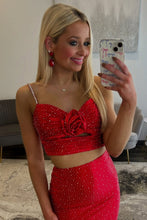 Load image into Gallery viewer, Stylish Two Piece Spaghetti Straps Red Long Prom Dress with Beading