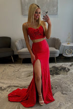 Load image into Gallery viewer, Stylish Two Piece Spaghetti Straps Red Long Prom Dress with Beading