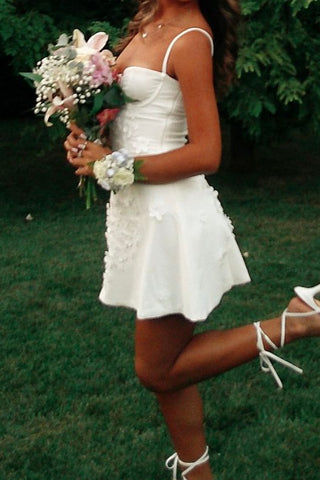 Stylish A Line Spaghetti Straps White Short Homecoming Dress with Appliques