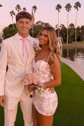 Stylish Sheath Spaghetti Straps Pink Floral Printed Sequins Short Homecoming Dress