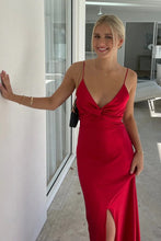 Load image into Gallery viewer, Stylish Sheath Spaghetti Straps Red Long Party Dress with Split Front Keyhole