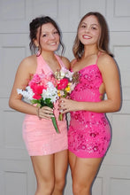 Load image into Gallery viewer, Stylish Sheath Spaghetti Straps Orange Short Homecoming Dress with Beading