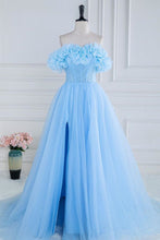 Load image into Gallery viewer, Sweet Blue A-Line Strapless Long Tulle Prom Dress With 3D Flowers
