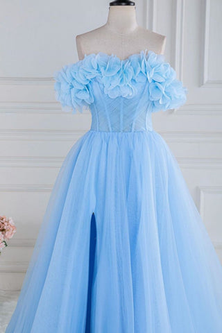 Sweet Blue A-Line Strapless Long Tulle Prom Dress With 3D Flowers
