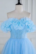 Load image into Gallery viewer, Sweet Blue A-Line Strapless Long Tulle Prom Dress With 3D Flowers
