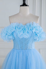 Load image into Gallery viewer, Sweet Blue A-Line Strapless Long Tulle Prom Dress With 3D Flowers