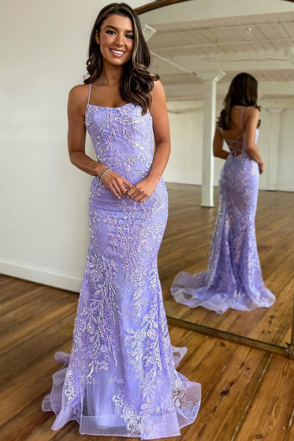 cute purple dresses Sweet Lilac Spaghetti Straps Lace Up Long Corset Prom Dress With Appliques pattern_Hollow Out while the flowy design Express Women's Black Dress Color:Same as in Picture