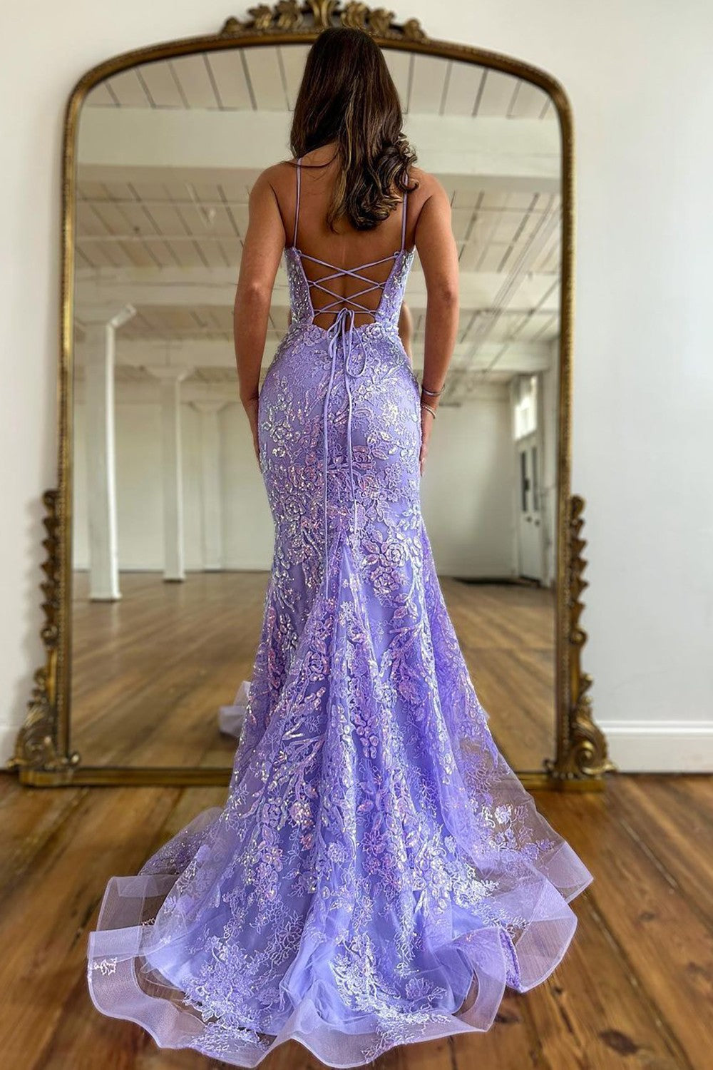 Luuvis Women Sweet Lilac Spaghetti Straps Lace Up Long Corset Prom Dress With Appliques