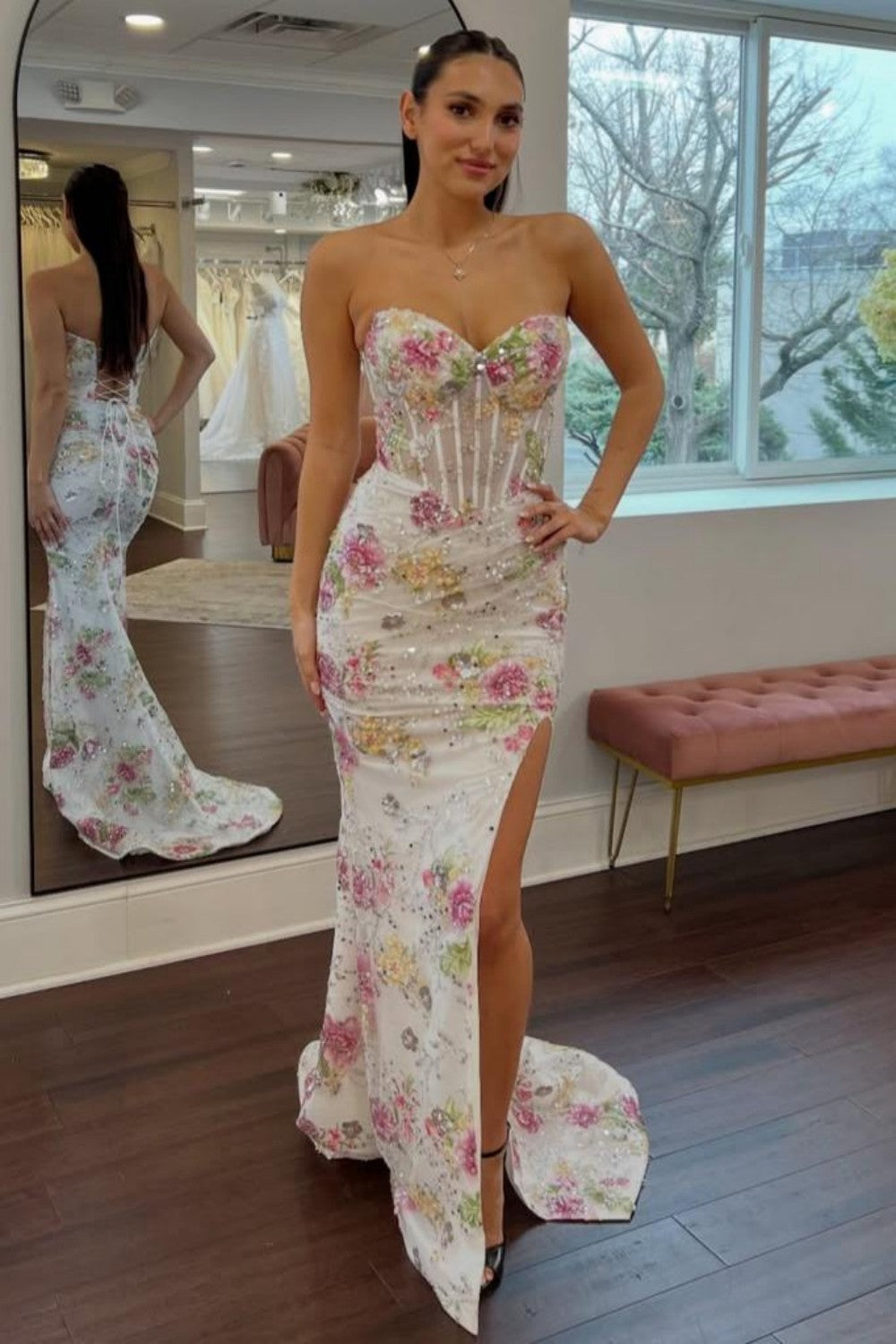 Stunning Sweetheart Mermaid Floral Beaded Corset Prom Dress with High Slit