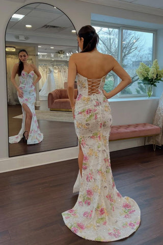 Stunning Sweetheart Mermaid Floral Beaded Corset Prom Dress with High Slit