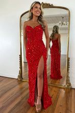 Load image into Gallery viewer, Sparkly Mermaid Sweetheart Gold Long Prom Dress with Split Front